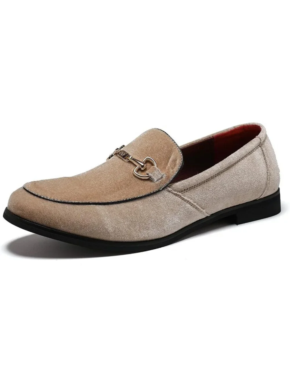LCQL Men's Khaki Leather Velvet Loafer Gold Buckle Slip On Comfortable Shoes